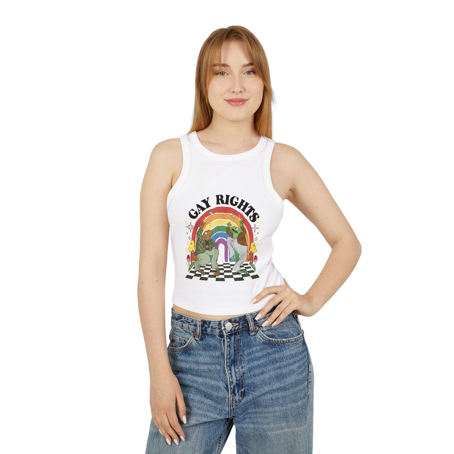 LGBT Pride Micro Rib Racer Tank Top with Funky Frogs - Retro Style, Fun Shirt for Queer Celebration & Summer Festivals